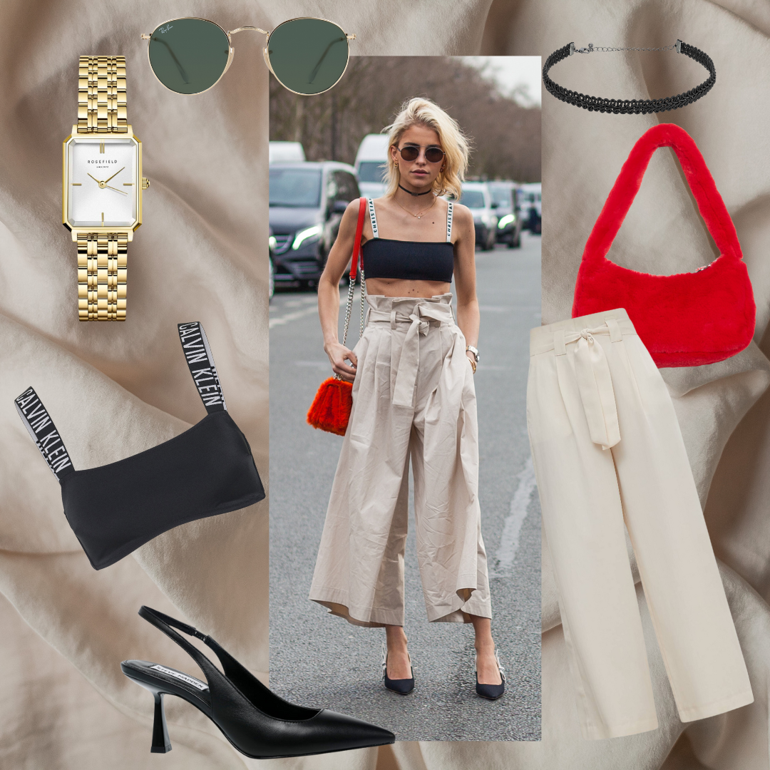 rote Tasche, schwarzer Choker, schwarze Pumps, weiße hohe Hose, schwarzes Calvin Klein Top, Ray Ban Brille, goldene Uhr, Foto Bloggerin Caro Daur